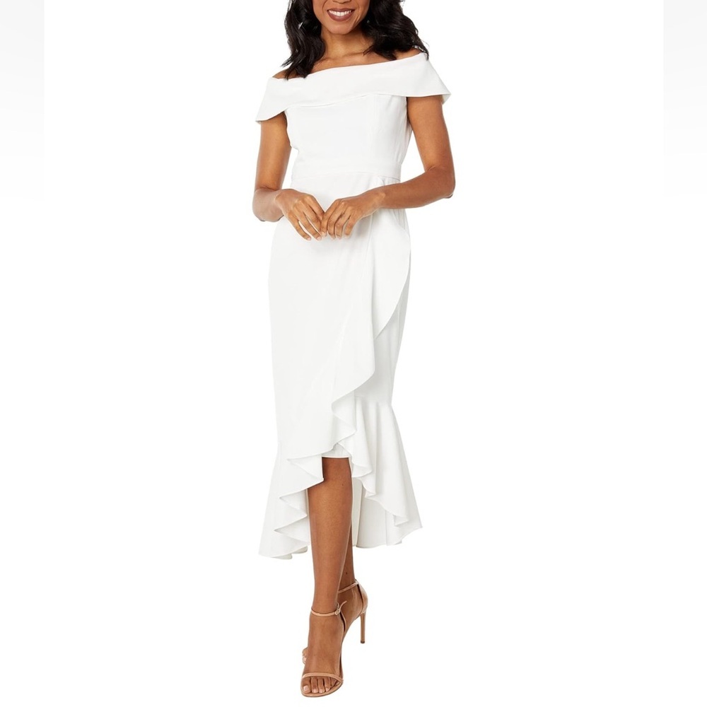 Maggy London Stunning Crepe Off Shoulder White Asymmetrical Ruffled Dress